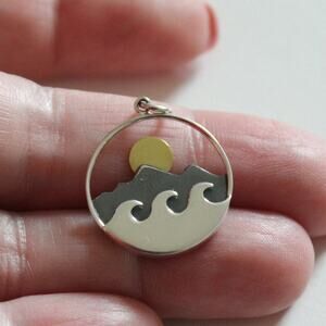 Sterling Silver Mountain and Ocean Pendant with Bronze Sun
